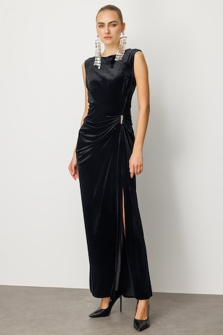 Ekol Kadın Beli Büzgülü Maxi Kadife Elbise 4141 Siyah Siyah