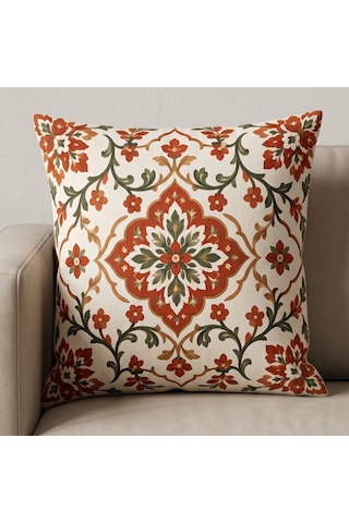 4'lü Kiremit Krem Vintage Çiçek Ve Etnik Desenli Dekoratif Kırlent Kılıfı Seti - Çift Taraflı 43x43 Cm Kiremit Kırmızısı