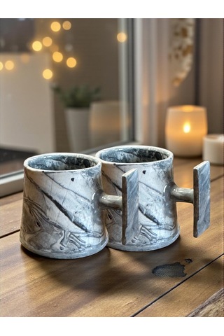 2'li Nerikomi El Yapımı Stoneware Fincan Gri - Krem