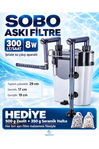 Sobo Akvaryum Askı Filtre - 300 Lt/saat - Seramik Halka + Zeolit Hediyeli - Şelale Filtreli - Aktif Temizlik - Temizlenebilir Sünger