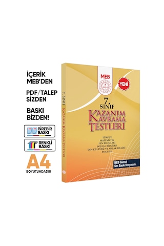 7.Sınıf MEB Tüm Dersler Kazanım Kavrama Testleri KKT Yaprak Test Kitabı BASKI ÜCRETİ