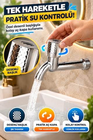 Desenli Krom Uzun Musluk Aç Kapa Başlıklı Bahçe Wc Lavabo Balkon Teras Duvar Tipi Su Musluğu