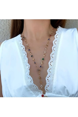 Ervanur Altın Kaplama Renkli Taşlı Y Model Kadın Kolye 80 Cm Altın