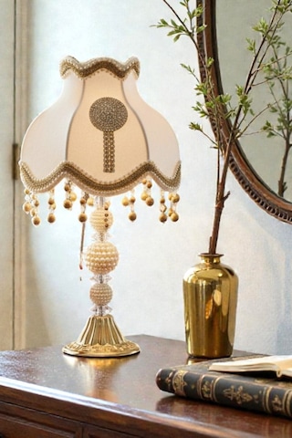Vintage Ekru Kadife Kumaş Gold Ayak Swarovski Süsleme Broş Abajur Ab0001 50x30cm Ekru
