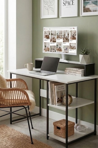 Vienna 2 Raflı Metal Ayak Çalışma Masası Laptop Masası Bilgisayar Masası 60x120cm Beyaz - Siyah Beyaz