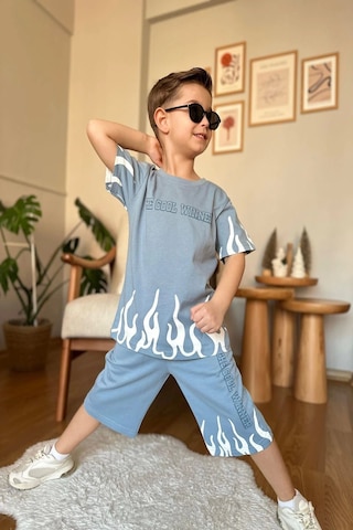 Yeni Sezon Alev Desenli Mavi Renk Erkek Çocuk Şortlu Takım Mavi