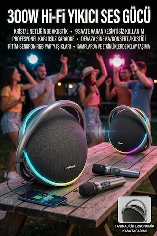 Amaya Asp-hk9 300w Super Bass Bluetooth Parti Hoparlörü Çift Mikrofonlu Karaoke Ses Sistemi Tws