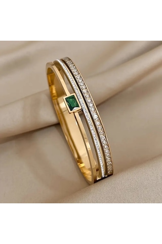Zümrüt Gold Crystal Zirkon Taşlı Kelepçe Bileklik Gümüş - Altın