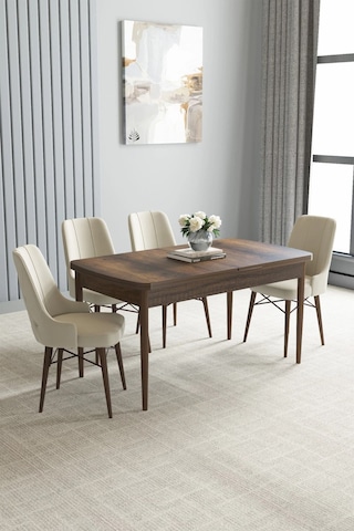 Zümra Serisi, Barok Ahşap Desen 80x132 Açılabilir Mdf Mutfak Masası Takımı 4 Adet Sandalye, Krem