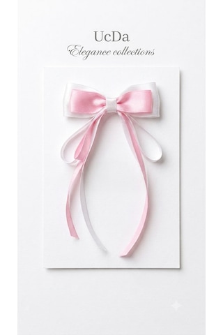 Ucda Kuyruklu İpek Serisi - Çift Katlı Uzun Kurdele Klips Toka 9 X 16 Cm Pembe - Beyaz