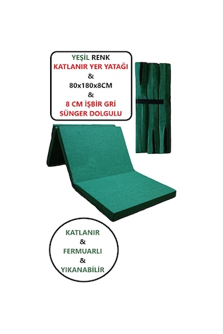 Lüks Katlanır Yatak 80x180x8 Cm Sünger Düz Yeşil