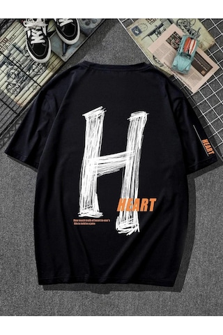 Erkek Siyah Oversize H Heart Baskılı Örme T-shirt Siyah-58954