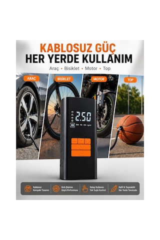 Kablosuz Hava Pompası 6000 Mah Şarjlı Dijital Ekranlı Lastik Şişirme Kompresörü Araç Bisiklet Motor Top Siyah