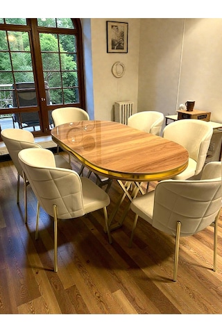 Msy Home 6 Kişilik Serya Ceviz Oval Masa Krom Ayak Yönsüz Kumaş Modern Ve Şık Yemek Odası Takımı Bej