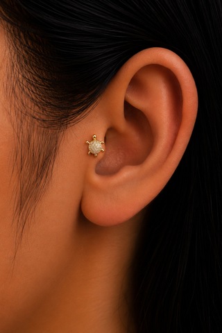 Sertifikalı 316l Çelik Taşlı Kaplumbağa Figürlü Premium Altın Kaplama Tragus Ve Helix Piercing