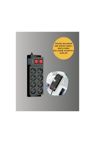 Güçlü Termal Korumalı 8 Priz + 3 Usb Çoklu Uzatma Kablosu 2m - Lisinya 2 - 5 M
