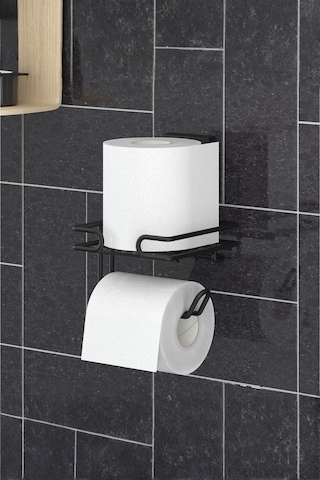 Tekno Tel Ef-275 Siyah Yedekli Tuvalet Kağıtlık Yapışkanlı/vidalı Deliksiz Metal Wc Tutucu Siyah