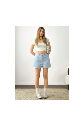 Kene Jeans Paça Püskül Yan Yırtmaç Arka Cep Nakışlı Buz Mavi Kot Şort Mavi