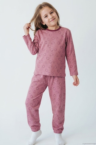 Breeze Kız Çocuk Pijama Takımı Elma Desenli Beli Paçası Lastikli 4-8 Yaş, Gülkurusu