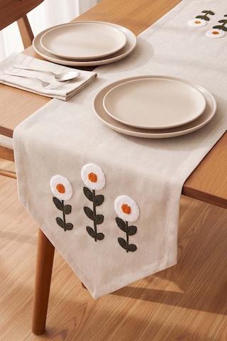 Daisy Cream Kasso Punch İşlemeli Runner 35x110 Cm Çok Renkli