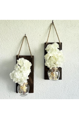 Led Işıklı, Beyaz Bahardalı Çiçekli Duvar Dekoru Ceviz İkili Set Ceviz