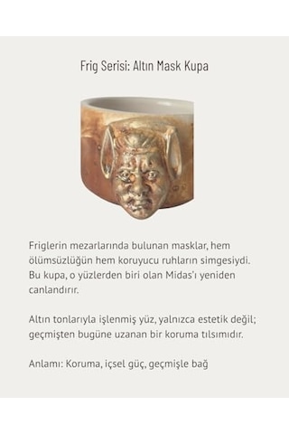 El Yapımı Seramik Dekoratif Kupa Antik Altın Mask Detaylı Kupa - Frig Serisi Altın Mask Kupa Açık Ahşap