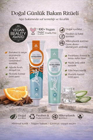 Ben & Anna White + Cinnamon Orange Doğal Diş Macunu Seti 75 Ml X 2 Vegan, Florürlü, Paraben İçermez