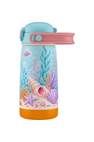 Puccon Mor Turkuaz Denizatı Baskılı Kız Çocuk 420 Ml Çelik Matara/suluk/termos - 60025 Pembe - Mavi