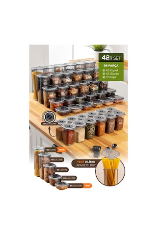 Vienev Döner Kapaklı Etiketli Kaşıklı 42'li Hava Geçirmez Erzak Ve Baharat Saklama Kabı Antrasit Antrasit