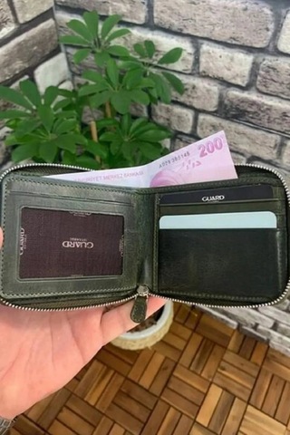 Derije Hakiki Deri Antik Yeşil Fermuarlı Yatay Mini Cüzdan T1486 Çok Renkli
