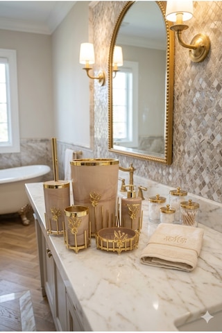 Makri Home Gold Kaplama Metal Stantlı 5 Parça Mermer Desenli Ve Düz Renk Seçenekli Banyo Aksesuar Takımı Somon