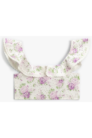Koton Crop Bluz Fistolu Çiçek Desenli Fırfırlı Lila Desenli 4skg60002ew Lila