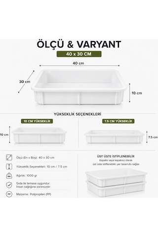 40x30 Cm Profesyonel Pizza Hamur Tepsisi Kapaklı 7.5 Cm Yükseklik Pp Gıda Uyumlu Hamur Teknesi Beyaz