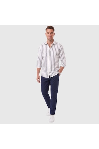 Deepsea Erkek %100 Pamuk Slim Fit Dar Kesim Keten Dokulu Çizgili Uzun Kollu Lacivert Gömlek 2600034