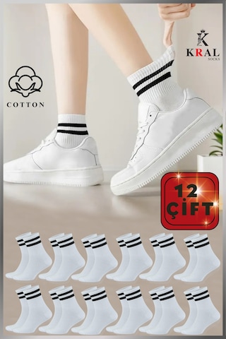 Kral Socks Erkek Kadın 12 Çift Çizgili Kolej Tenis Çorabı Pamuklu Terletmez Çorap Beyaz