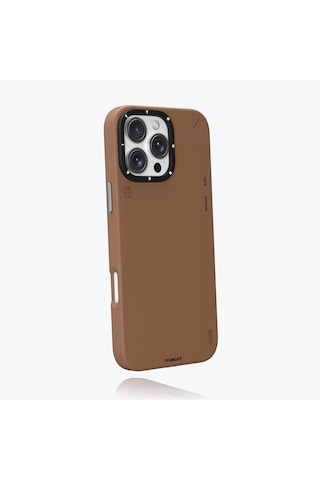 Apple Uyumlu iPhone 15 Pro Kılıf Magsafe Özellikli Basit Mat Deri Desenli Youngkit Tech Fashion Serisi Kahverengi Kahverengi