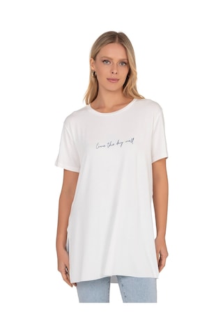 Kadın Oversize Basic Minimal Yazı Detaylı Bluz Ekru 27082 Ekru