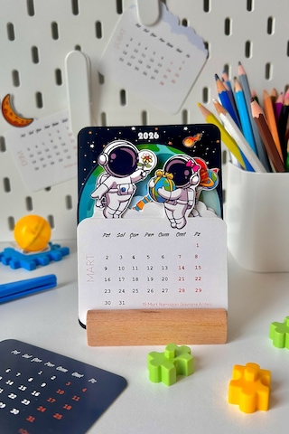 2026 Uzay Temalı Masa Takvimi Astronot Tasarımlı, Ahşap Standlı, 12 Ay Özel Kesim Kart Takvim