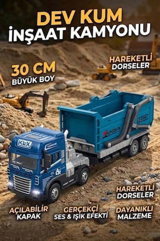 30 Cm Metal Kafa Sesli Işıklı İnşaat Kamyonu Oyuncak Tır - Hareketli Damperli Hafriyat Aracı