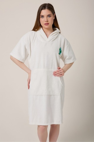 Palmiye Sörf Nakışlı Yetişkin Sörf Yazlık Panço Kapüşonlu Plaj Havlusu Krem Krem