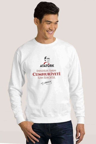 29 Ekim Cumhuriyetin İlanı Baskılı Beyaz Erkek Örme Sweatshirt