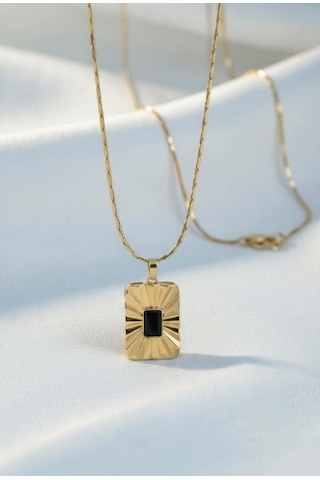14k Vıp Gold Renk Siyah Taşlı Kolye - 60 Cm Zincir Çok Renkli