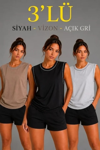 Valensdesign 3 Lü Kolsuz Sporcu Atlet Seti Yazlık Bisiklet Yaka - Siyah, Kahverengi, Gri Çok Renkli