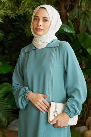 Neways 6541-Krep Yan Fermuarlı Ferace Mint Yeşili