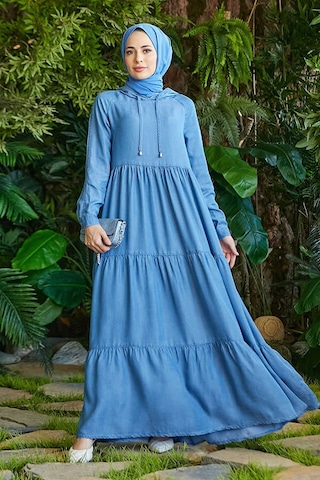 Neways 6531-Kapüşonlu Reglan Kollu Elbise Mavi