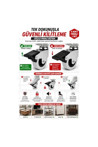 4 Adet Frenli Döner Tablalı 50 Mm Bilyalı Mobilya Tekeri 360 Döner Masa Dolap Sehpa Tekeri Ağır Yük Çok Renkli