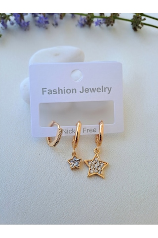 Dali Shop Yıldız Figürlü 3'lü Zirkon Küpe Gold