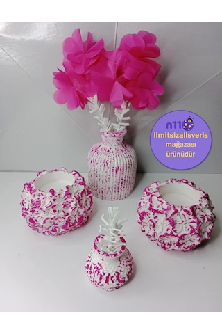 Dekoratif Fuşya Mumluk Çiçekli Vazo Süs Eşyası Biblo Takımı Fuşya
