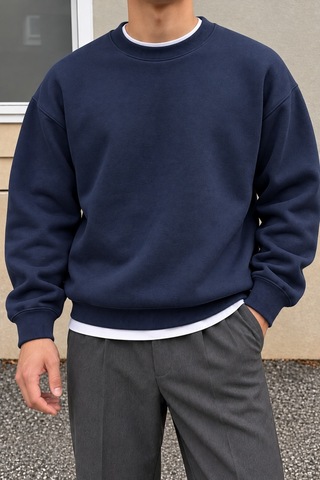 Cool Tarz Erkek 3 İplik Şardonlu Regular Fit Bisiklet Yaka Basic Sweatshirt Lacivert Lacivert
