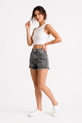 Layal My Beauty Lmb Kadın Jeans Yüksek Bel Likralı Paçası Püsküllü Denim Kot Şort Yeni Sezon New1 Füme